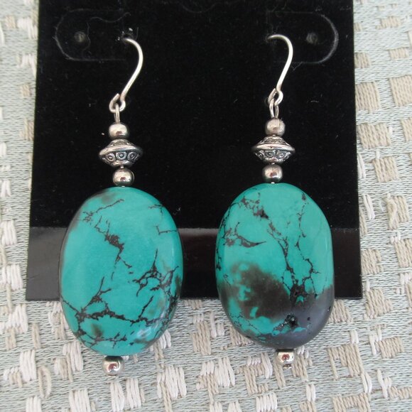 Natural Turquoise with 925 Sterling Silver Wires Dangle Earring 1.75" L, Marked - Picture 5 of 7